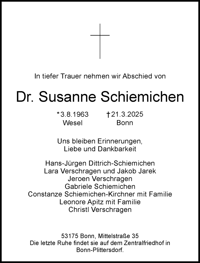  Traueranzeige für Susanne Schiemichen vom 29.03.2025 aus General-Anzeiger Bonn