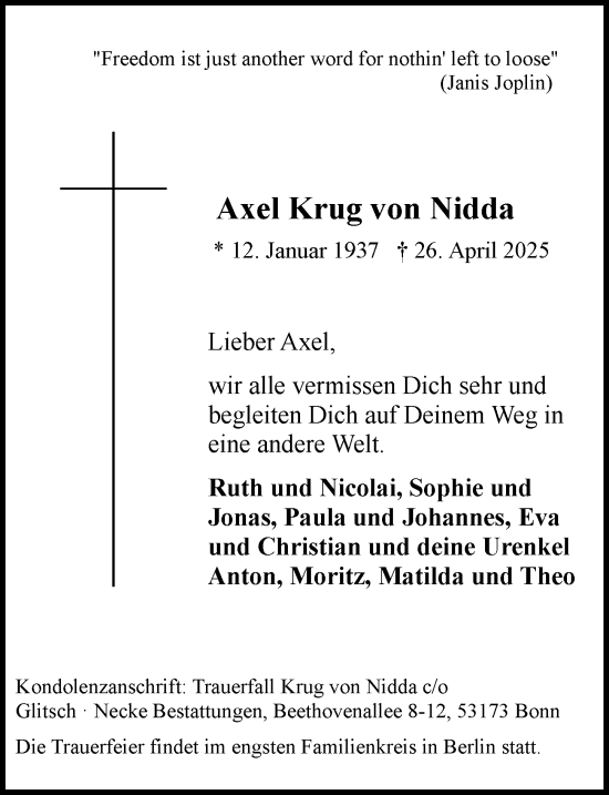 Anzeige von Axel Krug von Nidda von General-Anzeiger Bonn
