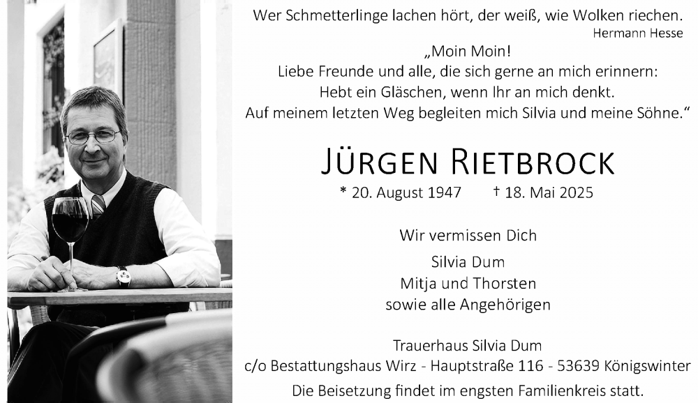  Traueranzeige für Jürgen Rietbrock vom 24.05.2025 aus General-Anzeiger Bonn